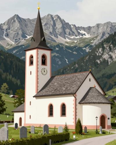 AI-generated illustration of the Cemetery near St. Michael's Church in Dovje with the Julian Alps behind