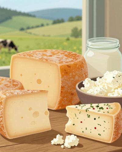 AI-generated illustration of Cheesemaking Lamperček – Obrul farmhouse cheeses and yoghurts from the Rogla-Pohorje hills