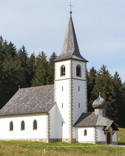 AI-generated illustration of the Church of Sveti Areh, a white pilgrimage church with a shingled spire in a forest clearing on the Pohorje plateau