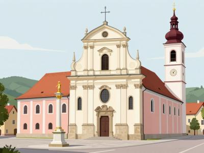 AI-generated illustration of Churches and Cathedrals in Menges: the Baroque parish church square with a votive column and freestanding bell tower