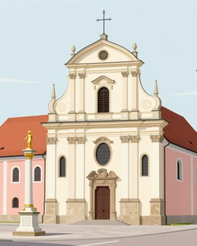 AI-generated illustration of Churches and Cathedrals in Menges: the Baroque parish church square with a votive column and freestanding bell tower