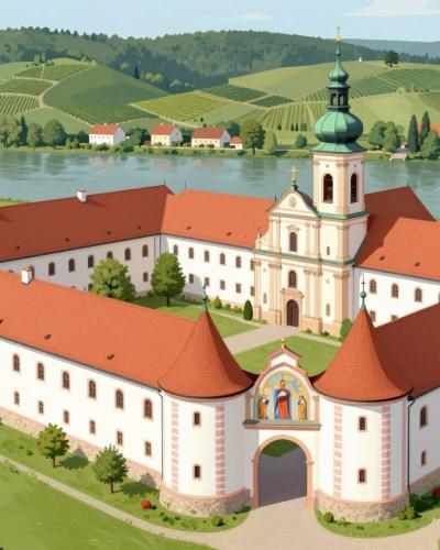 AI-generated illustration of the Cistercian monastery in Kostanjevica na Krki with its round painted gate towers and onion-domed bell tower