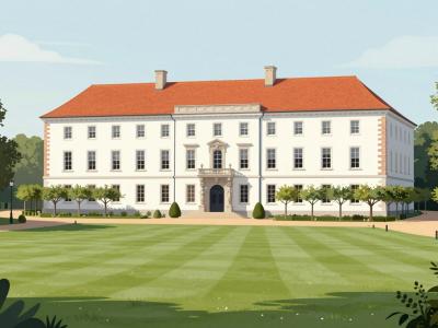 AI-generated illustration of City Park with Castle in Murska Sobota, the white manor castle amid its English-style park