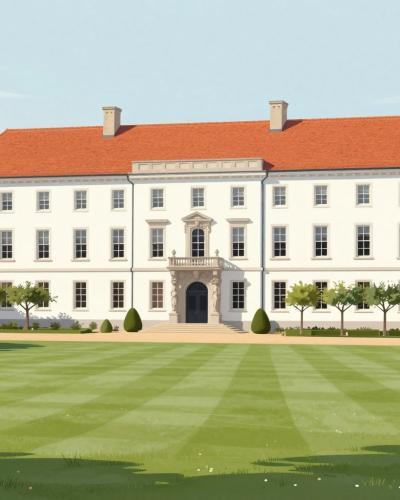AI-generated illustration of City Park with Castle in Murska Sobota, the white manor castle amid its English-style park