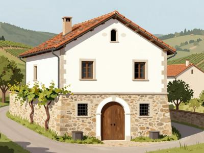 AI-generated illustration of the Community Vineyard Cottage of Drasici, a vernacular winegrowers' house among Bela Krajina vineyards