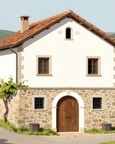 AI-generated illustration of the Community Vineyard Cottage of Drasici, a vernacular winegrowers' house among Bela Krajina vineyards