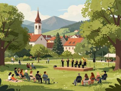 AI-generated illustration of Concerts in Menges: an open-air brass band performance in the leafy town park