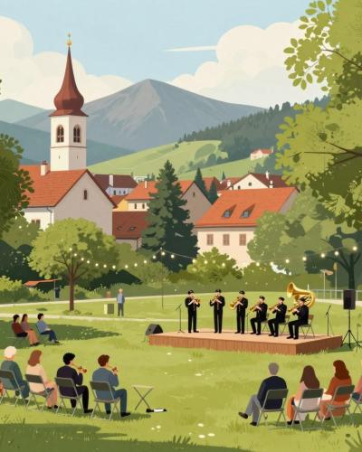 AI-generated illustration of Concerts in Menges: an open-air brass band performance in the leafy town park