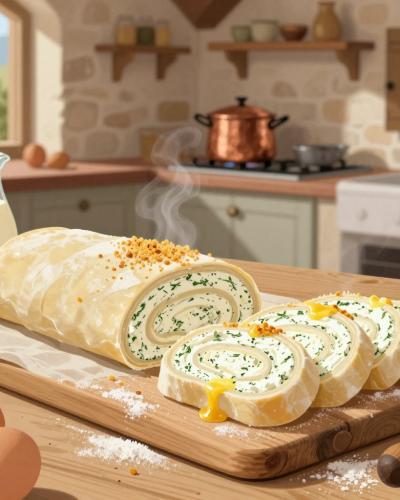 AI-generated illustration of Cooking classes in Padna: traditional struklji rolls and ingredients in a rustic village kitchen