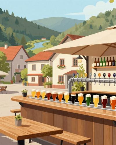 AI-generated illustration of the Craft Beer Scene in Dolenjske Toplice - a cozy bar terrace with beer taps and glasses on a small spa-town square