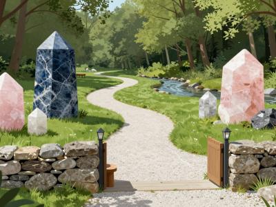 AI-generated illustration of Crystal Valley in Smarjeske Toplice - a crystal-themed nature park with large crystals along forest paths