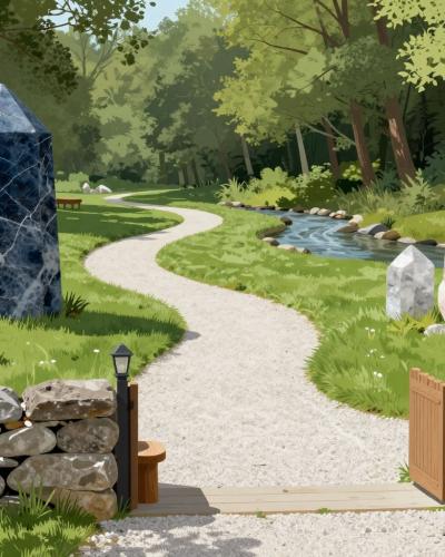 AI-generated illustration of Crystal Valley in Smarjeske Toplice - a crystal-themed nature park with large crystals along forest paths