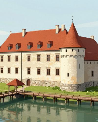 AI-generated illustration of Otocec Castle, the 13th-century water castle on an island in the Krka River at Otocec