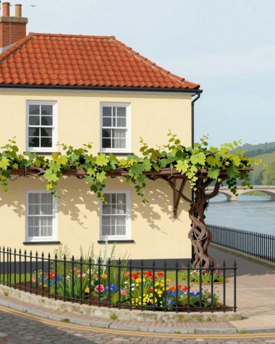 AI-generated illustration of cultural tours in Maribor - the Old Vine House on the riverside promenade with the ancient grapevine trained across its facade