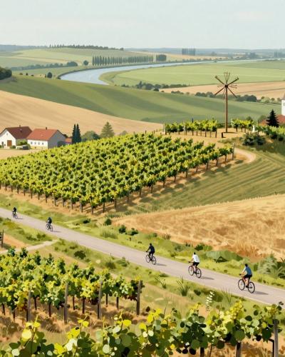 AI-generated illustration of cycling tours through the Pannonian landscape near Radenci - cyclists on a country lane among rolling vineyard hills