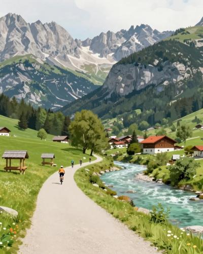 AI-generated illustration of cycling trails near Bohinjska Bela - a cycle path along an emerald alpine river beneath the Julian Alps