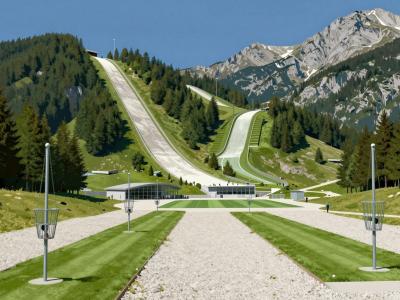 AI-generated illustration of the disc golf park in Planica, with basket targets on alpine meadows and giant ski jumping hills in the background