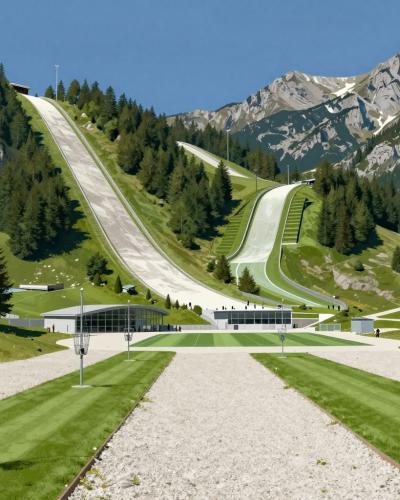 AI-generated illustration of the disc golf park in Planica, with basket targets on alpine meadows and giant ski jumping hills in the background