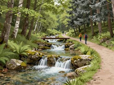AI-generated illustration of Divji Potok Creek Circular Hiking Trail near Dolenjske Toplice, with tufa waterfalls along a forest creek