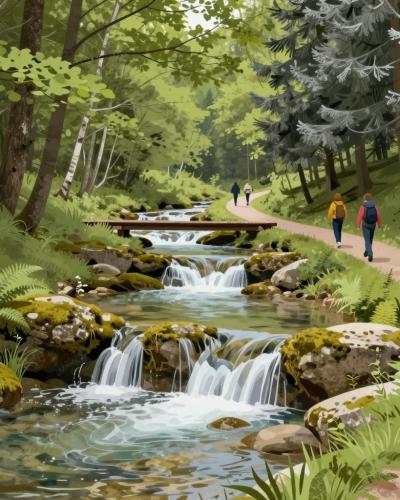 AI-generated illustration of Divji Potok Creek Circular Hiking Trail near Dolenjske Toplice, with tufa waterfalls along a forest creek