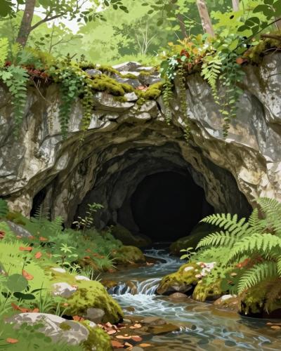 AI-generated illustration of Djud Cave, a karst ponor cave entrance in the Lahinja Landscape Park near Črnomelj