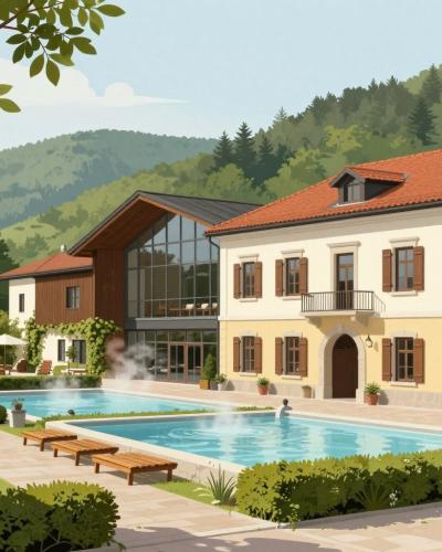 AI-generated illustration of Dolenjske Toplice Spa, a historic thermal spa resort with a shaded park and steaming outdoor pool