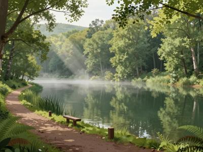 AI-generated illustration of the dragon lines energy trail at Bukovniško jezero, a tranquil beech-forest lake with marked energy points