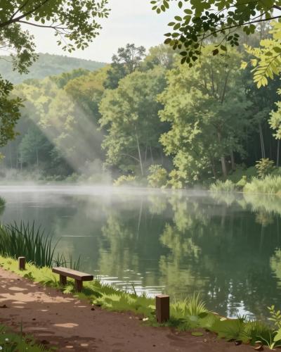 AI-generated illustration of the dragon lines energy trail at Bukovniško jezero, a tranquil beech-forest lake with marked energy points