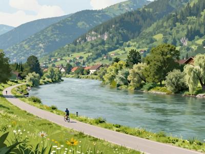 AI-generated illustration of the Drau Cycle Path in Ruše, a flat riverside cycling route along the Drava River below forested slopes