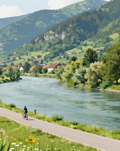 AI-generated illustration of the Drau Cycle Path in Ruše, a flat riverside cycling route along the Drava River below forested slopes