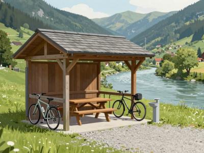 AI-generated illustration of the Drava Bike Rest Area in Dravograd, a wooden cyclists' rest shelter beside the riverside cycling route