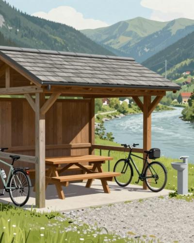 AI-generated illustration of the Drava Bike Rest Area in Dravograd, a wooden cyclists' rest shelter beside the riverside cycling route