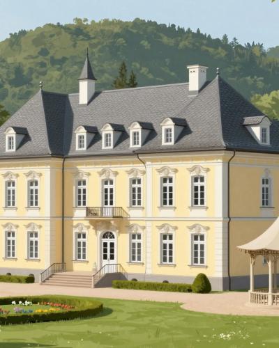 AI-generated illustration of Dvorec Bukovje, a pale yellow Baroque manor with landscaped park near Dravograd