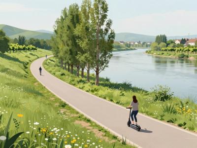 AI-generated illustration of e-bike and e-scooter rentals in Čatež, riders on a riverside path in the Lower Sava Valley