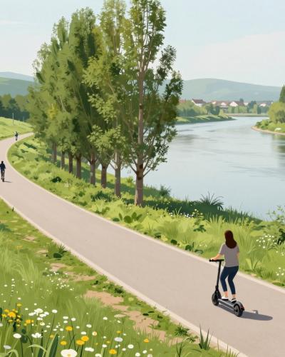AI-generated illustration of e-bike and e-scooter rentals in Čatež, riders on a riverside path in the Lower Sava Valley