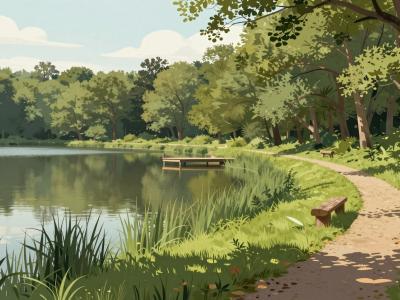 AI-generated illustration of Energijski Park, a forest trail with wooden markers and benches beside Bukovnisko Lake