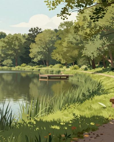 AI-generated illustration of Energijski Park, a forest trail with wooden markers and benches beside Bukovnisko Lake