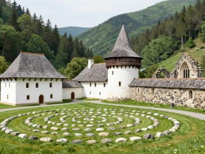 AI-generated illustration of the energy pathway at Zicka kartuzija, a stone spiral energy spot on the monastery lawn in a wooded valley