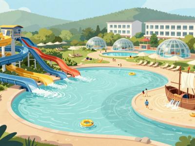 AI-generated illustration of family celebrations at the Catez thermal water park, with waterslides, pools, glass domes and a pirate ship splash area