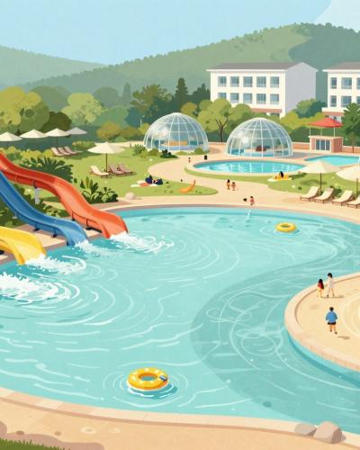AI-generated illustration of family celebrations at the Catez thermal water park, with waterslides, pools, glass domes and a pirate ship splash area