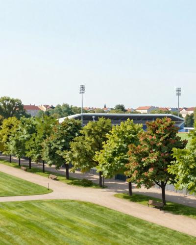 AI-generated illustration of Fazanerija park in Murska Sobota, tree-lined promenades with the small city stadium rising above the trees