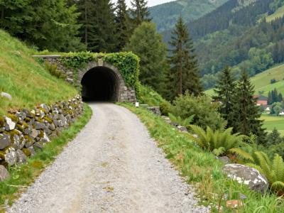 AI-generated illustration of the Feldban hiking trail near Idrija, a gravel path on an old narrow-gauge railway trackbed with a stone tunnel and dry-stone walls