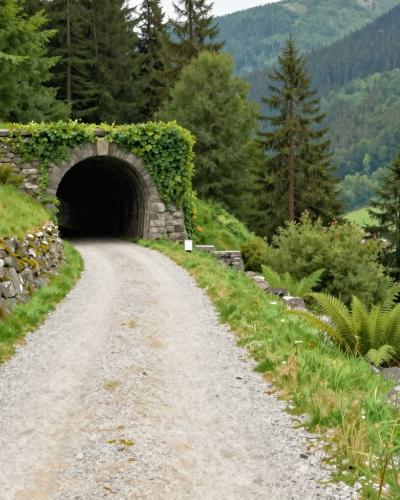 AI-generated illustration of the Feldban hiking trail near Idrija, a gravel path on an old narrow-gauge railway trackbed with a stone tunnel and dry-stone walls