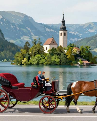 AI-generated illustration of a fijaker ride in Bled, a traditional open horse-drawn carriage on the lakeside road with the island church behind
