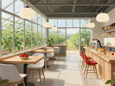 AI-generated illustration of Fine Lust Homestead in Pomurje, a modern farm cafe and shop opening into a vast glass tomato greenhouse