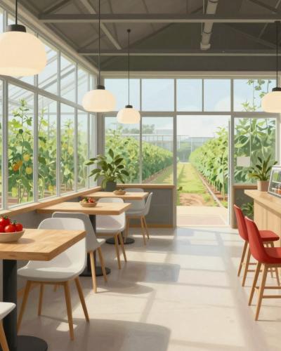 AI-generated illustration of Fine Lust Homestead in Pomurje, a modern farm cafe and shop opening into a vast glass tomato greenhouse