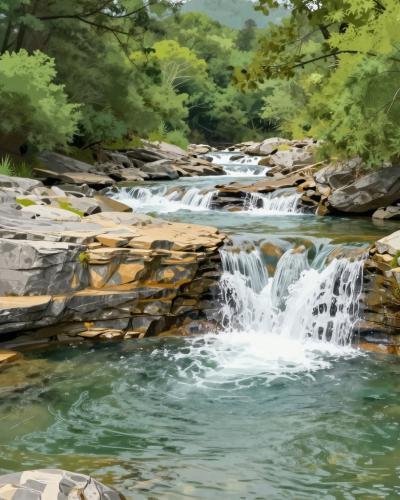 AI-generated illustration of the flysch layers, pools and waterfalls at the confluence of the Dragonja and Rokava rivers