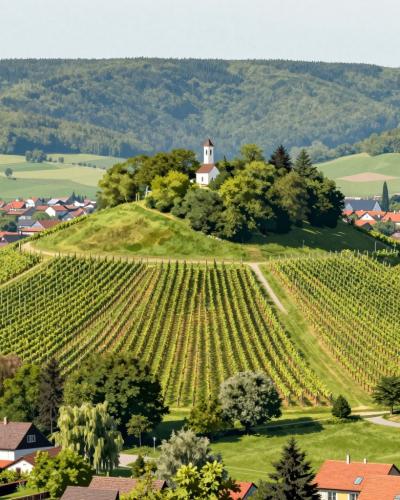 AI-generated illustration of the Forests and vineyards of Pekrska Gorca, a vine-striped green hill with a small summit church on the outskirts of Maribor