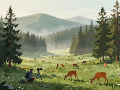AI-generated illustration of Fotonatur Phototourism Experiences, wildlife photographers with tripods photographing deer in a misty Carinthian forest clearing