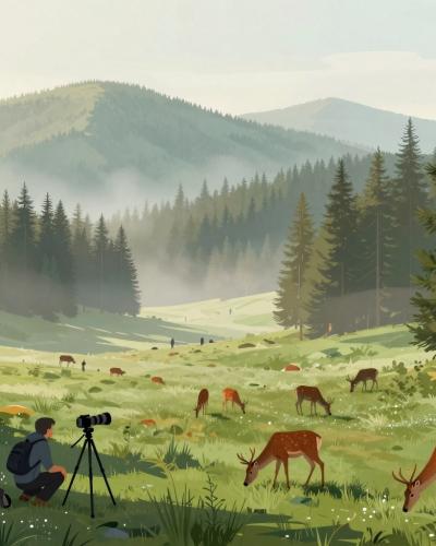 AI-generated illustration of Fotonatur Phototourism Experiences, wildlife photographers with tripods photographing deer in a misty Carinthian forest clearing